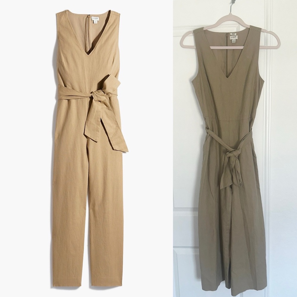 J. Crew 0 Khaki Tan Beige Linen-Blend V-Neck Belted Wide Leg Workwear Jumpsuit